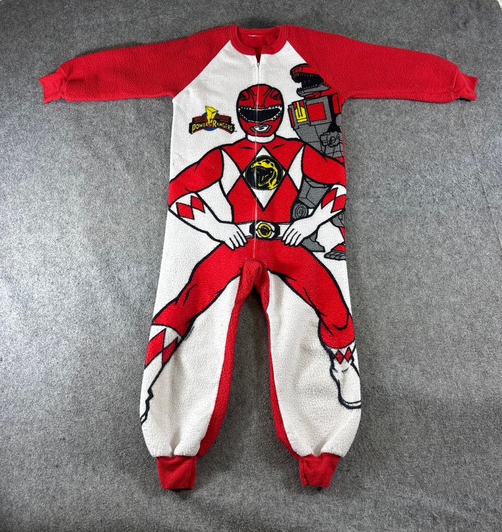 VINTAGE 90s Mighty Morphin Power Rangers Pajamas Kids 5-6 Red Fleece One Piece